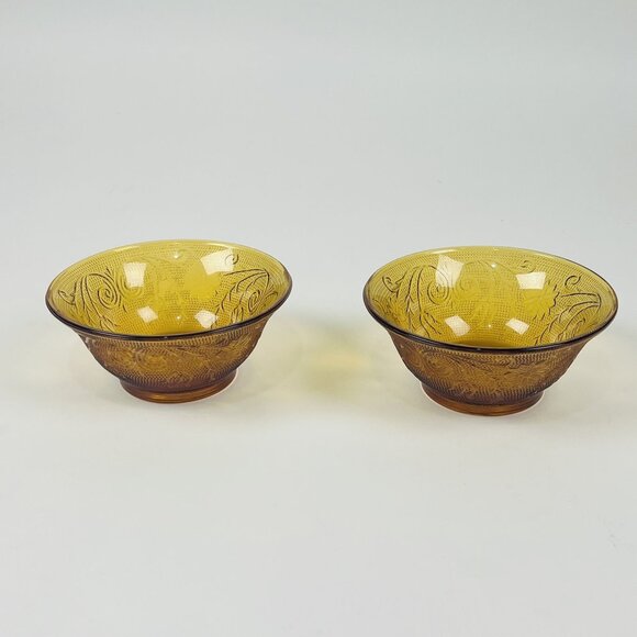 Vintage Indiana Amber Glass 2 Custard Bowls 4.75" Floral & Scroll Design - Picture 1 of 6